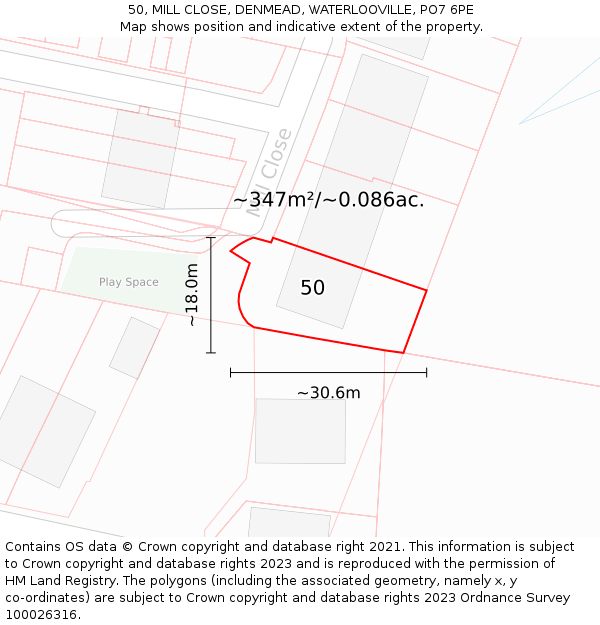 50, MILL CLOSE, DENMEAD, WATERLOOVILLE, PO7 6PE: Plot and title map