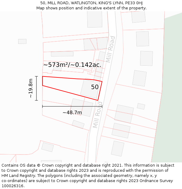 50, MILL ROAD, WATLINGTON, KING'S LYNN, PE33 0HJ: Plot and title map