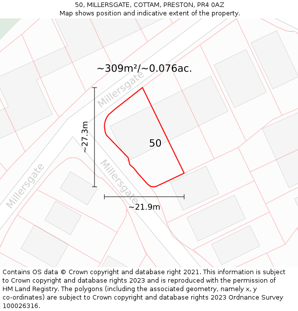 50, MILLERSGATE, COTTAM, PRESTON, PR4 0AZ: Plot and title map