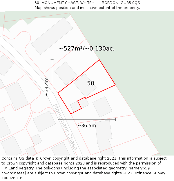 50, MONUMENT CHASE, WHITEHILL, BORDON, GU35 9QS: Plot and title map