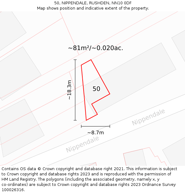 50, NIPPENDALE, RUSHDEN, NN10 0DF: Plot and title map