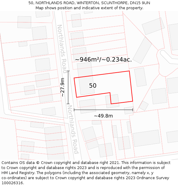 50, NORTHLANDS ROAD, WINTERTON, SCUNTHORPE, DN15 9UN: Plot and title map