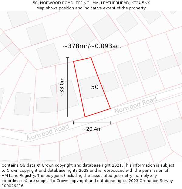 50, NORWOOD ROAD, EFFINGHAM, LEATHERHEAD, KT24 5NX: Plot and title map