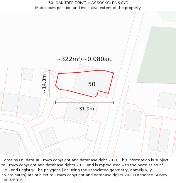 50, OAK TREE DRIVE, HASSOCKS, BN6 8YD: Plot and title map