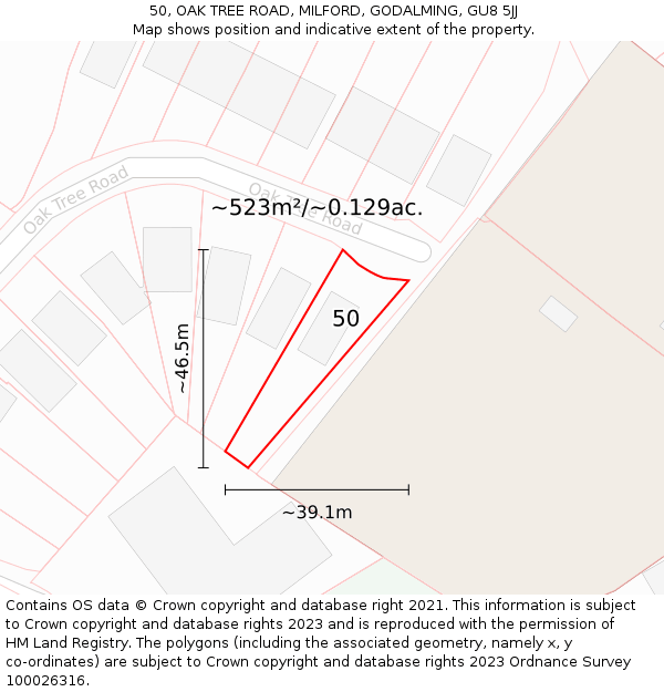50, OAK TREE ROAD, MILFORD, GODALMING, GU8 5JJ: Plot and title map