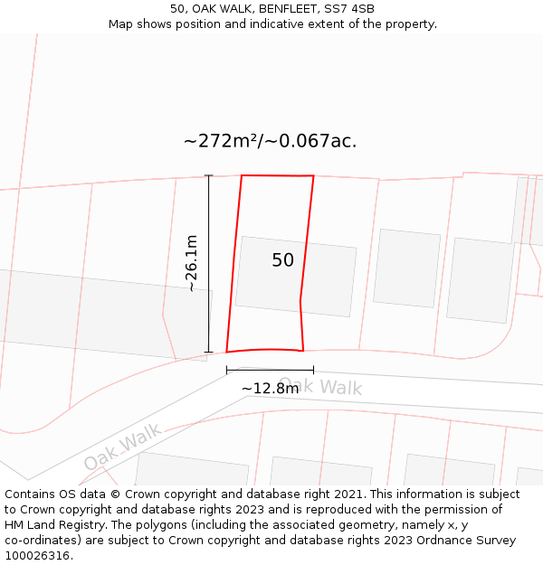 50, OAK WALK, BENFLEET, SS7 4SB: Plot and title map