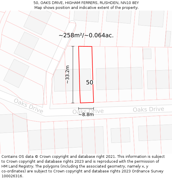 50, OAKS DRIVE, HIGHAM FERRERS, RUSHDEN, NN10 8EY: Plot and title map