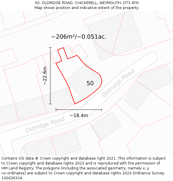 50, OLDRIDGE ROAD, CHICKERELL, WEYMOUTH, DT3 4FN: Plot and title map