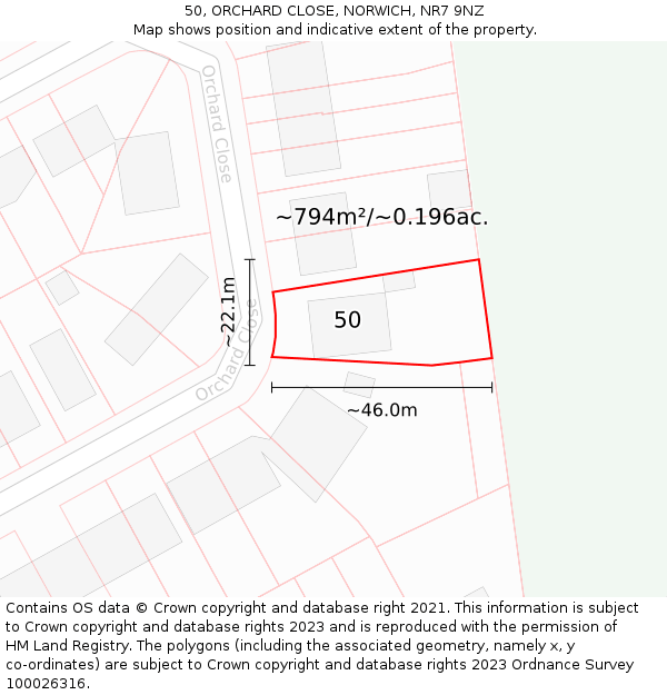 50, ORCHARD CLOSE, NORWICH, NR7 9NZ: Plot and title map
