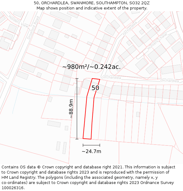 50, ORCHARDLEA, SWANMORE, SOUTHAMPTON, SO32 2QZ: Plot and title map