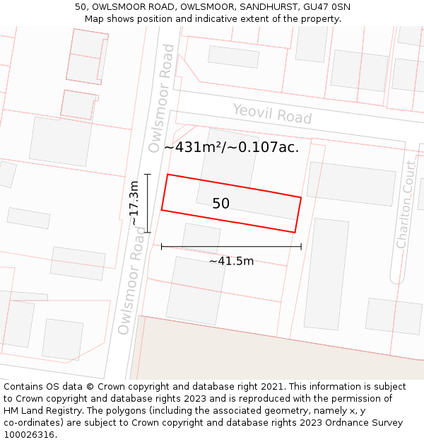 50, OWLSMOOR ROAD, OWLSMOOR, SANDHURST, GU47 0SN: Plot and title map