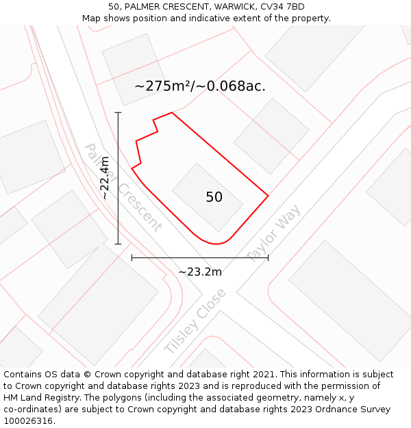 50, PALMER CRESCENT, WARWICK, CV34 7BD: Plot and title map