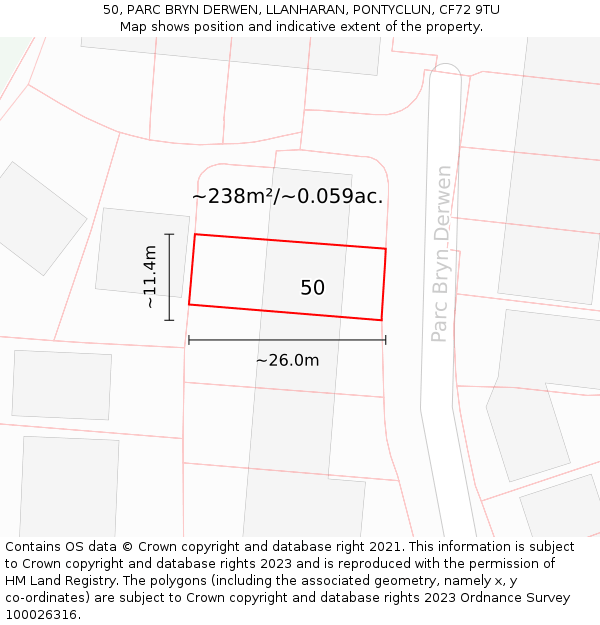 50, PARC BRYN DERWEN, LLANHARAN, PONTYCLUN, CF72 9TU: Plot and title map
