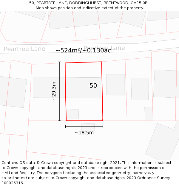50, PEARTREE LANE, DODDINGHURST, BRENTWOOD, CM15 0RH: Plot and title map