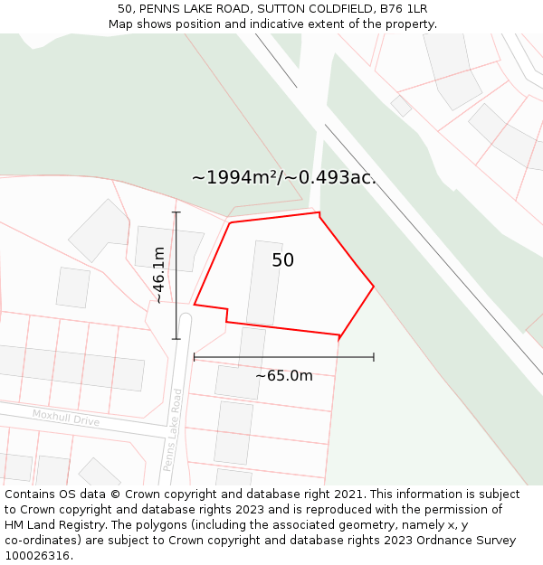 50, PENNS LAKE ROAD, SUTTON COLDFIELD, B76 1LR: Plot and title map
