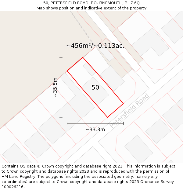 50, PETERSFIELD ROAD, BOURNEMOUTH, BH7 6QJ: Plot and title map