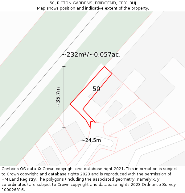 50, PICTON GARDENS, BRIDGEND, CF31 3HJ: Plot and title map