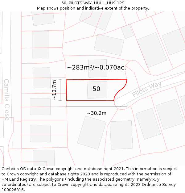 50, PILOTS WAY, HULL, HU9 1PS: Plot and title map