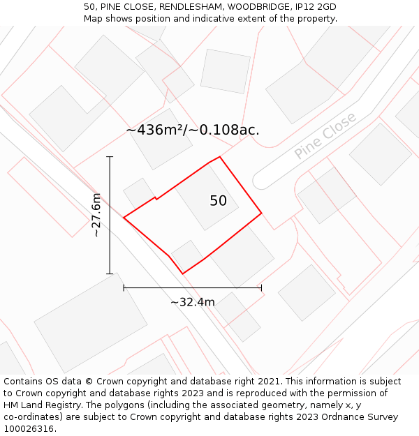 50, PINE CLOSE, RENDLESHAM, WOODBRIDGE, IP12 2GD: Plot and title map