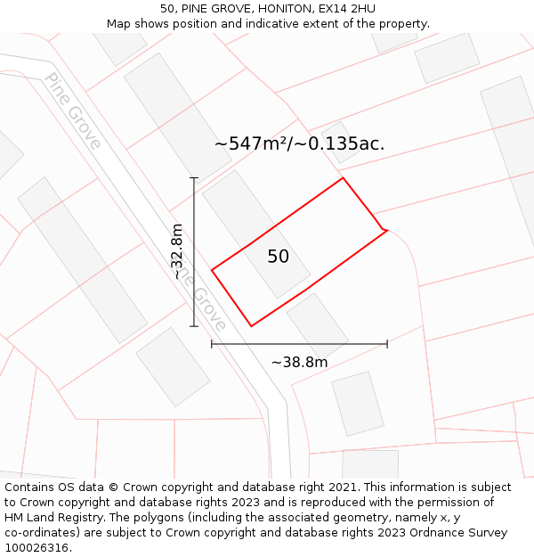 50, PINE GROVE, HONITON, EX14 2HU: Plot and title map