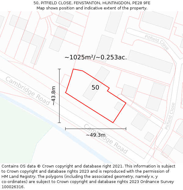 50, PITFIELD CLOSE, FENSTANTON, HUNTINGDON, PE28 9FE: Plot and title map