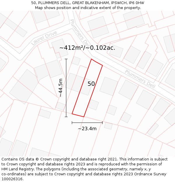 50, PLUMMERS DELL, GREAT BLAKENHAM, IPSWICH, IP6 0HW: Plot and title map