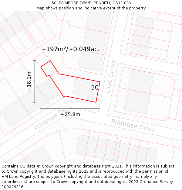 50, PRIMROSE DRIVE, PENRITH, CA11 8FA: Plot and title map