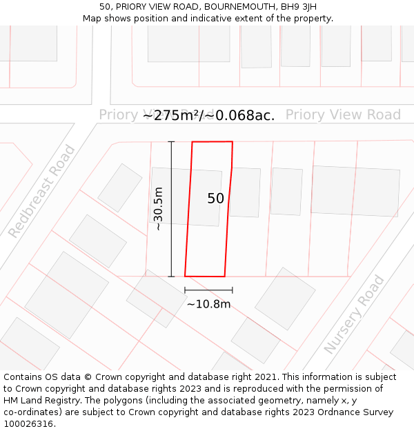50, PRIORY VIEW ROAD, BOURNEMOUTH, BH9 3JH: Plot and title map