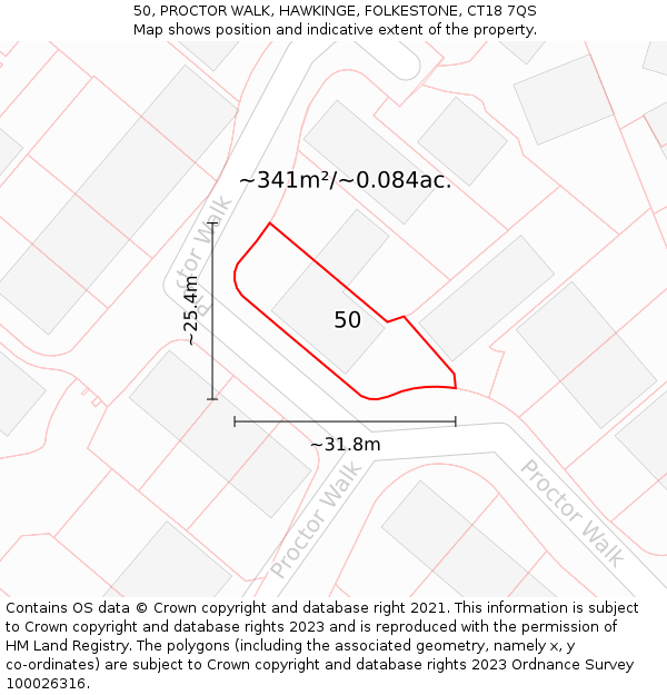 50, PROCTOR WALK, HAWKINGE, FOLKESTONE, CT18 7QS: Plot and title map