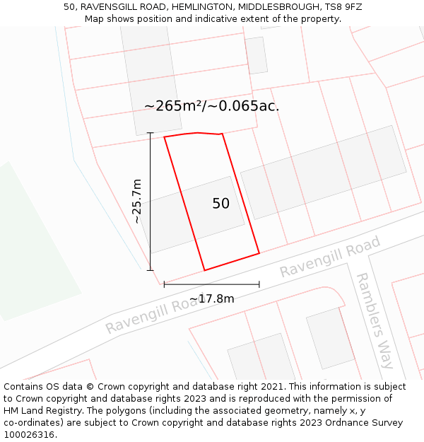 50, RAVENSGILL ROAD, HEMLINGTON, MIDDLESBROUGH, TS8 9FZ: Plot and title map