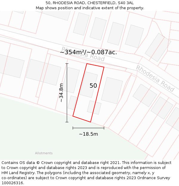 50, RHODESIA ROAD, CHESTERFIELD, S40 3AL: Plot and title map
