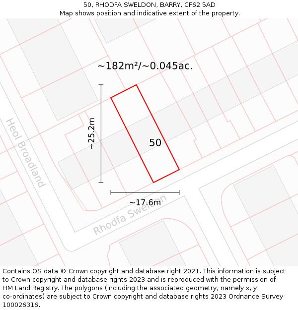 50, RHODFA SWELDON, BARRY, CF62 5AD: Plot and title map