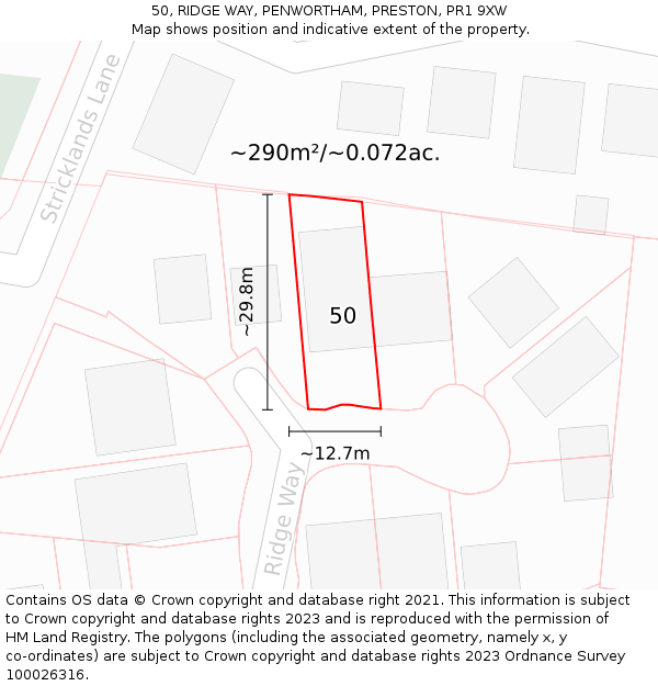 50, RIDGE WAY, PENWORTHAM, PRESTON, PR1 9XW: Plot and title map