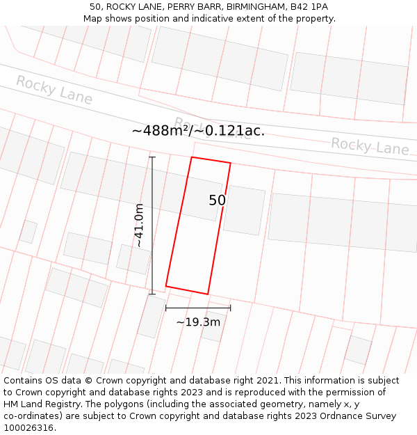 50, ROCKY LANE, PERRY BARR, BIRMINGHAM, B42 1PA: Plot and title map