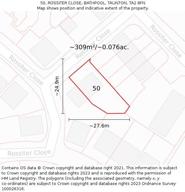 50, ROSSITER CLOSE, BATHPOOL, TAUNTON, TA2 8FN: Plot and title map