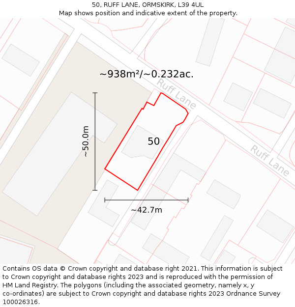 50, RUFF LANE, ORMSKIRK, L39 4UL: Plot and title map