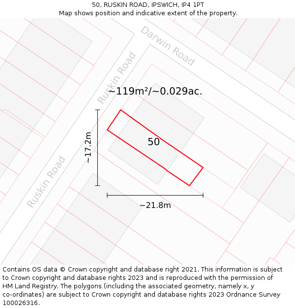 50, RUSKIN ROAD, IPSWICH, IP4 1PT: Plot and title map