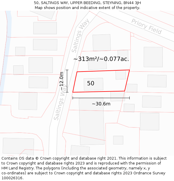 50, SALTINGS WAY, UPPER BEEDING, STEYNING, BN44 3JH: Plot and title map