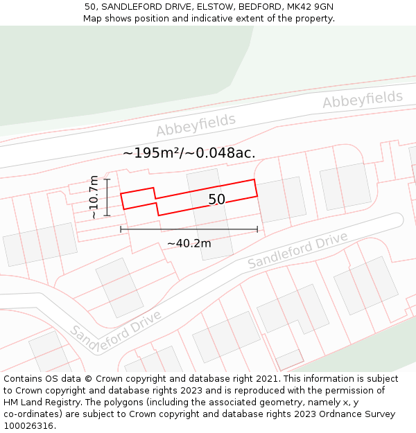 50, SANDLEFORD DRIVE, ELSTOW, BEDFORD, MK42 9GN: Plot and title map
