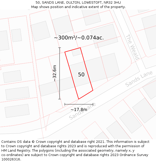 50, SANDS LANE, OULTON, LOWESTOFT, NR32 3HU: Plot and title map