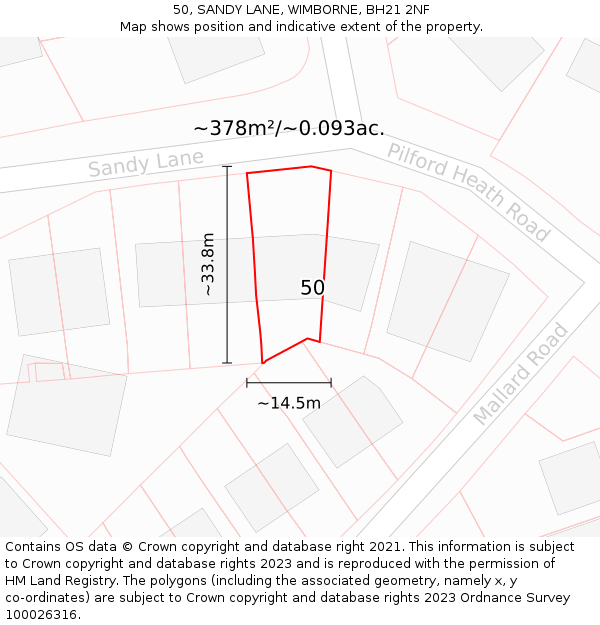 50, SANDY LANE, WIMBORNE, BH21 2NF: Plot and title map