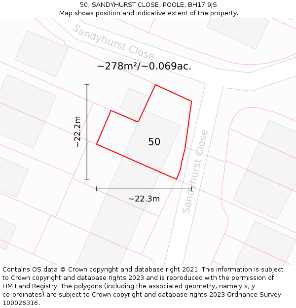 50, SANDYHURST CLOSE, POOLE, BH17 9JS: Plot and title map