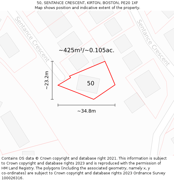 50, SENTANCE CRESCENT, KIRTON, BOSTON, PE20 1XF: Plot and title map