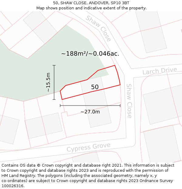 50, SHAW CLOSE, ANDOVER, SP10 3BT: Plot and title map
