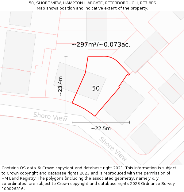 50, SHORE VIEW, HAMPTON HARGATE, PETERBOROUGH, PE7 8FS: Plot and title map