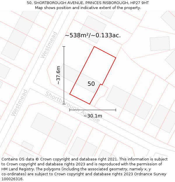 50, SHORTBOROUGH AVENUE, PRINCES RISBOROUGH, HP27 9HT: Plot and title map