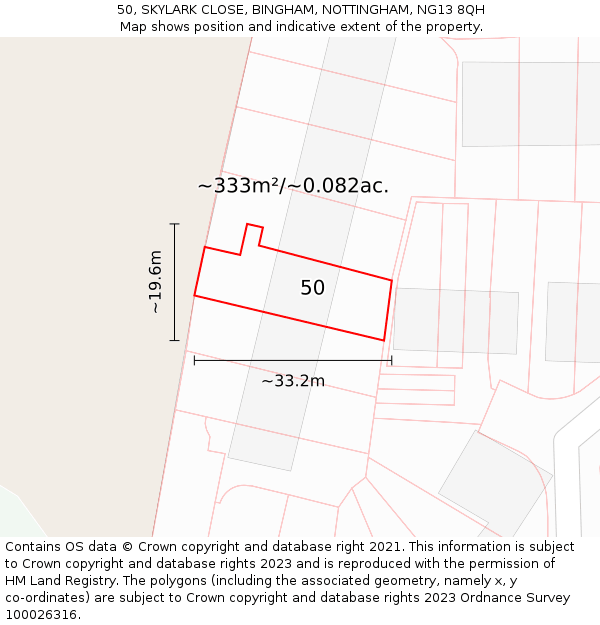 50, SKYLARK CLOSE, BINGHAM, NOTTINGHAM, NG13 8QH: Plot and title map