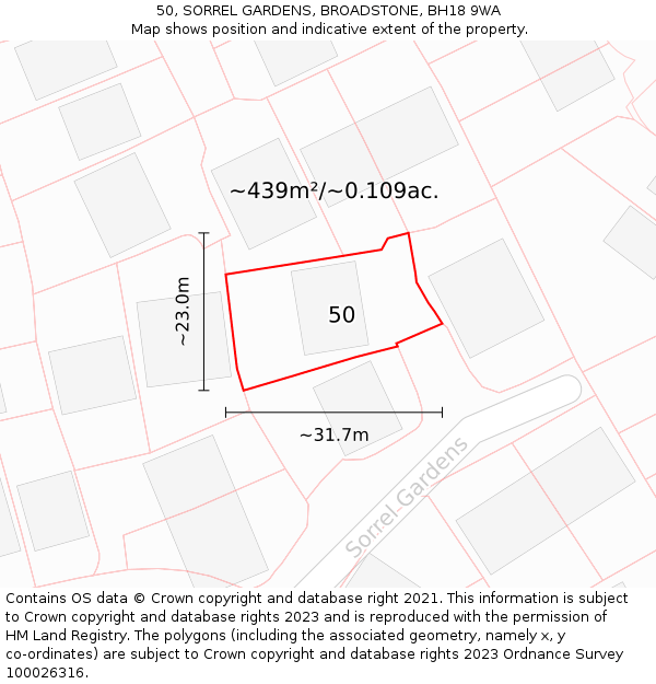 50, SORREL GARDENS, BROADSTONE, BH18 9WA: Plot and title map