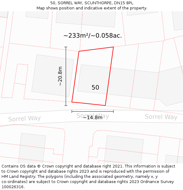 50, SORREL WAY, SCUNTHORPE, DN15 8PL: Plot and title map