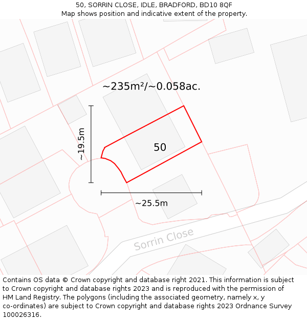 50, SORRIN CLOSE, IDLE, BRADFORD, BD10 8QF: Plot and title map